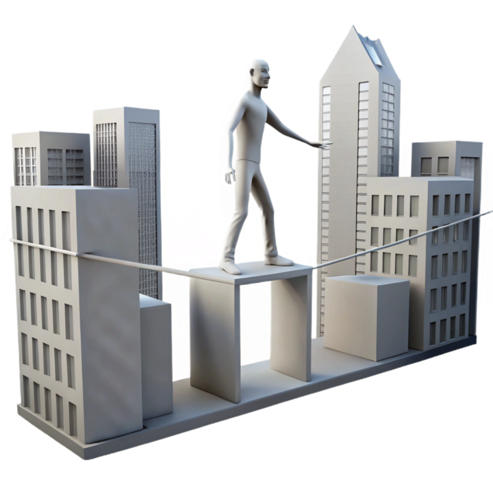 impressive minimalist Silhouette Walking on Tightrope Between Buildings Transparent Background exclusive png