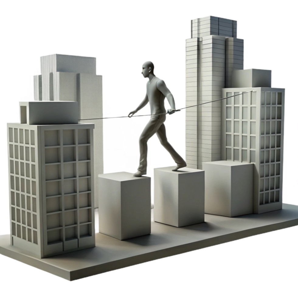 stunning artistic Silhouette Walking on Tightrope Between Buildings Transparent Background authentic png