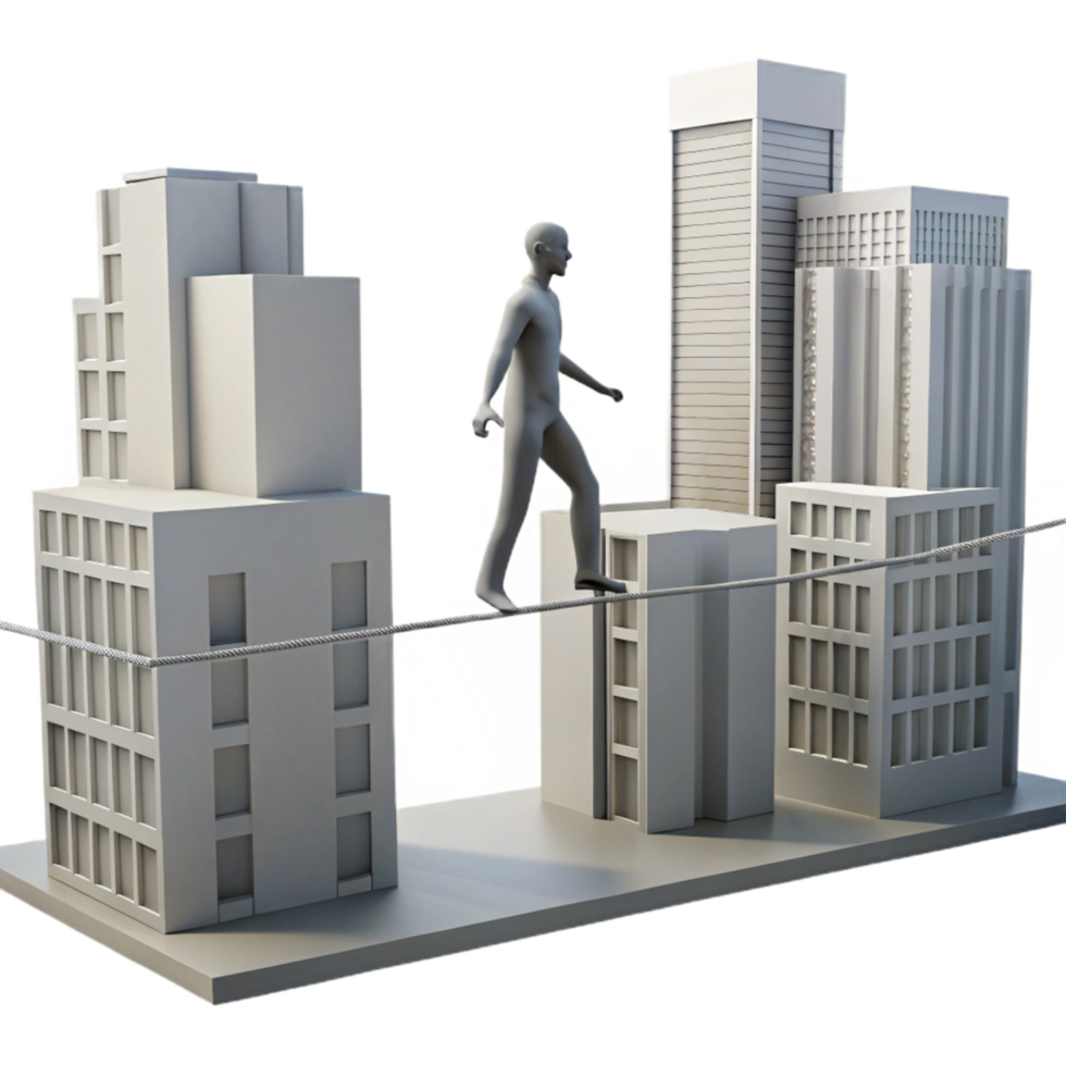 impressive contemporary Silhouette Walking on Tightrope Between Buildings Transparent Background high quality png