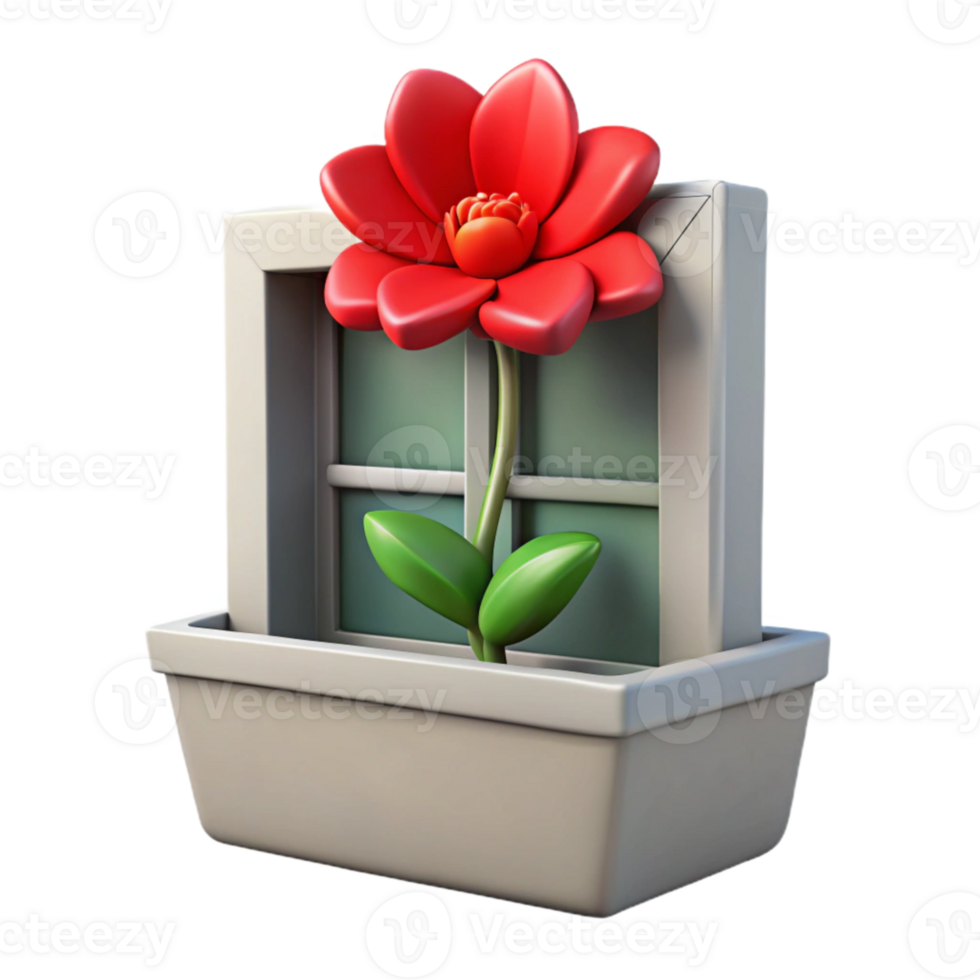 dramatic minimalist Single Red Flower Blooming in City Window Box Cutout high resolution png
