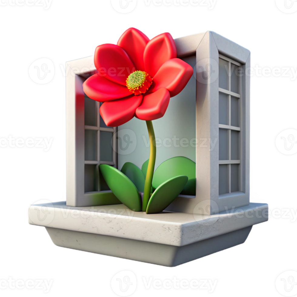 magnificent abstract Single Red Flower Blooming in City Window Box Cutout professional png