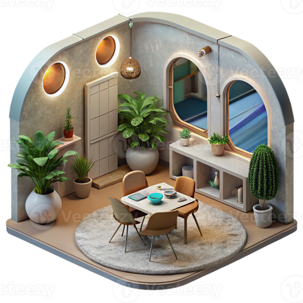 wonderful artistic Space Habitat Interior with Dining Area and Plants Cutout genuine png