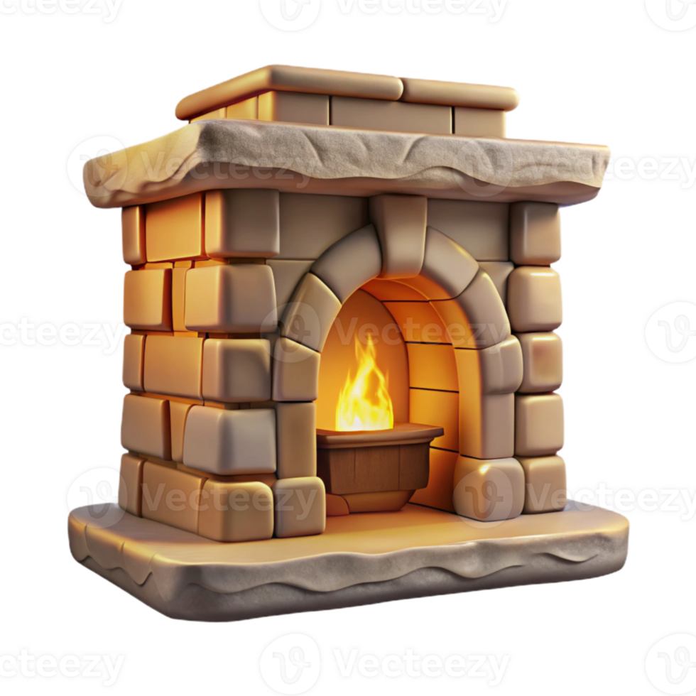serene modern Stone Fireplace Front View Transparent Background with Warm Lighting png