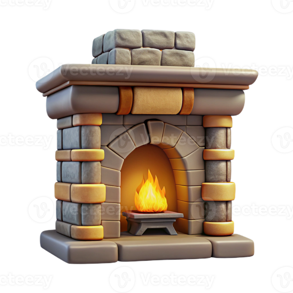 serene minimalist Stone Fireplace Front View Transparent Background with Warm Lighting authentic png