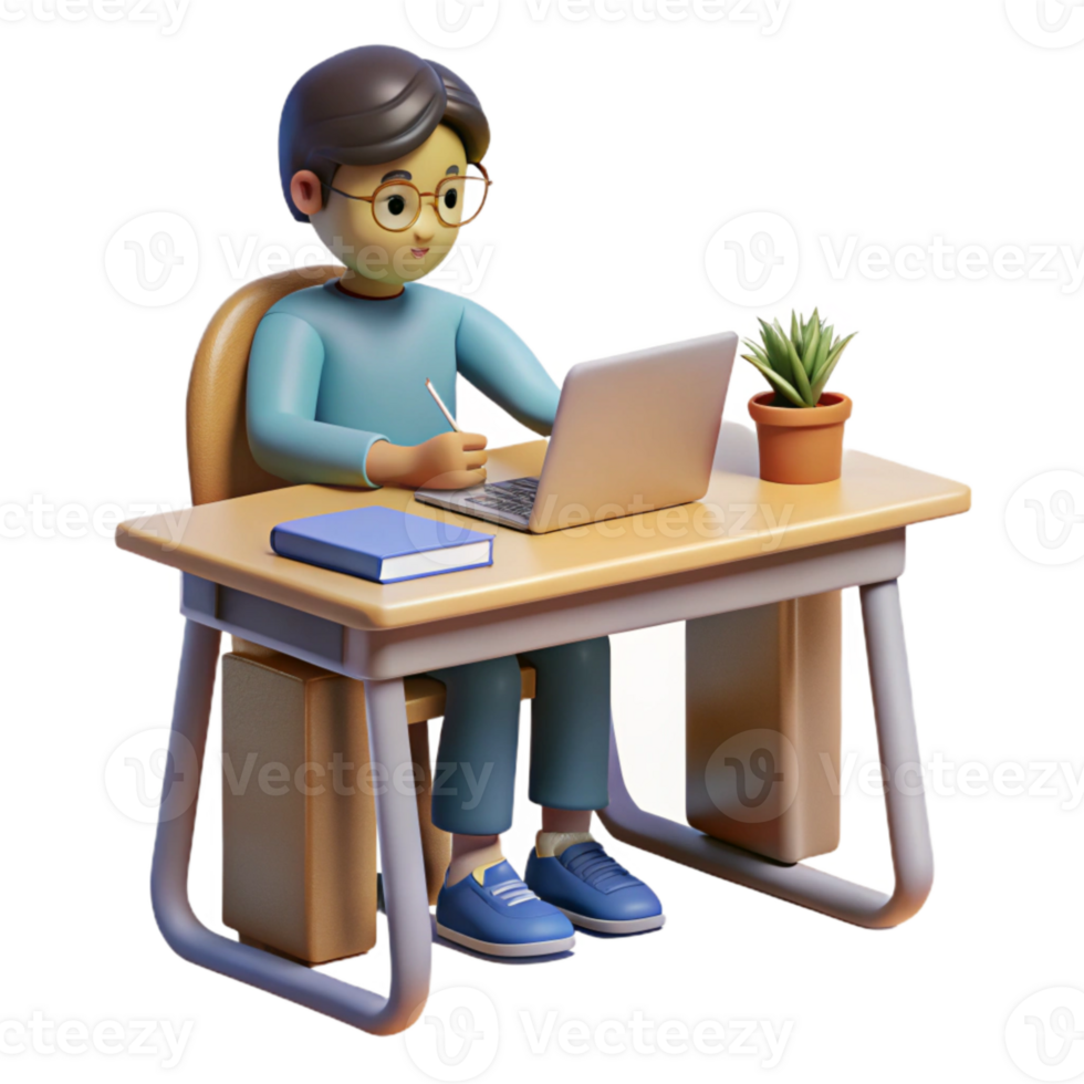 beautiful classic Student Studying at Desk Front View Transparent Background authentic png
