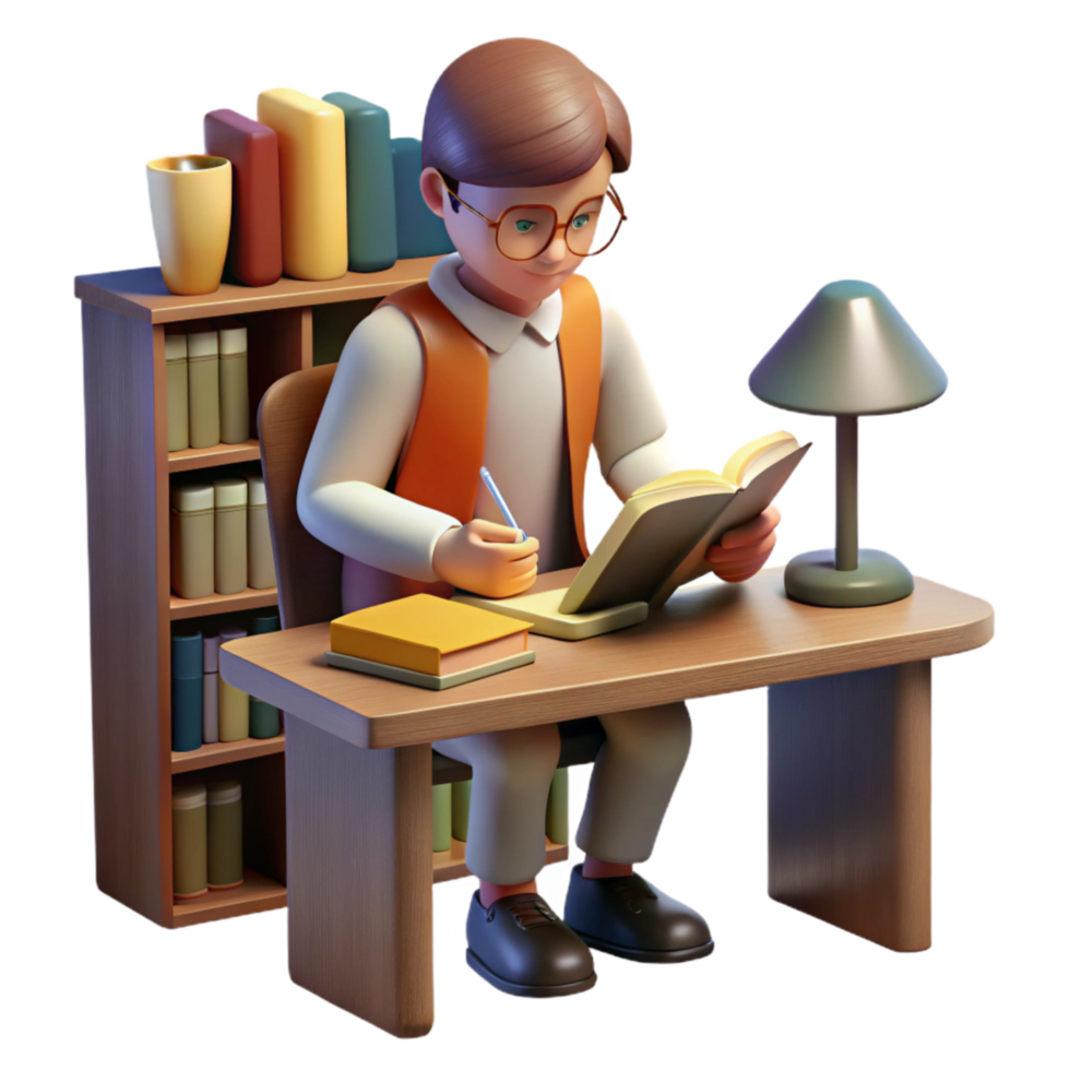 dramatic rustic Student Studying in Library Warm Lighting Isolated detailed png