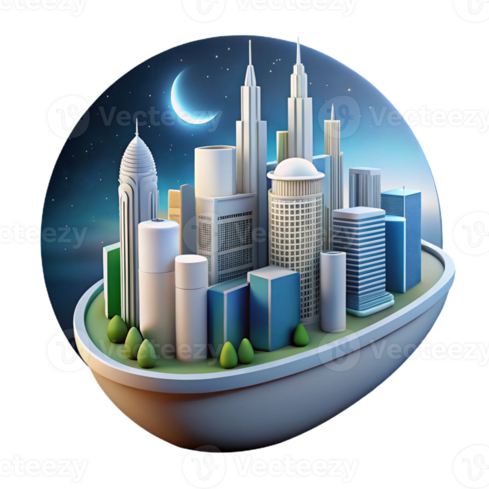 vibrant vintage Sustainable City Skyline Night View Transparent Background detailed png