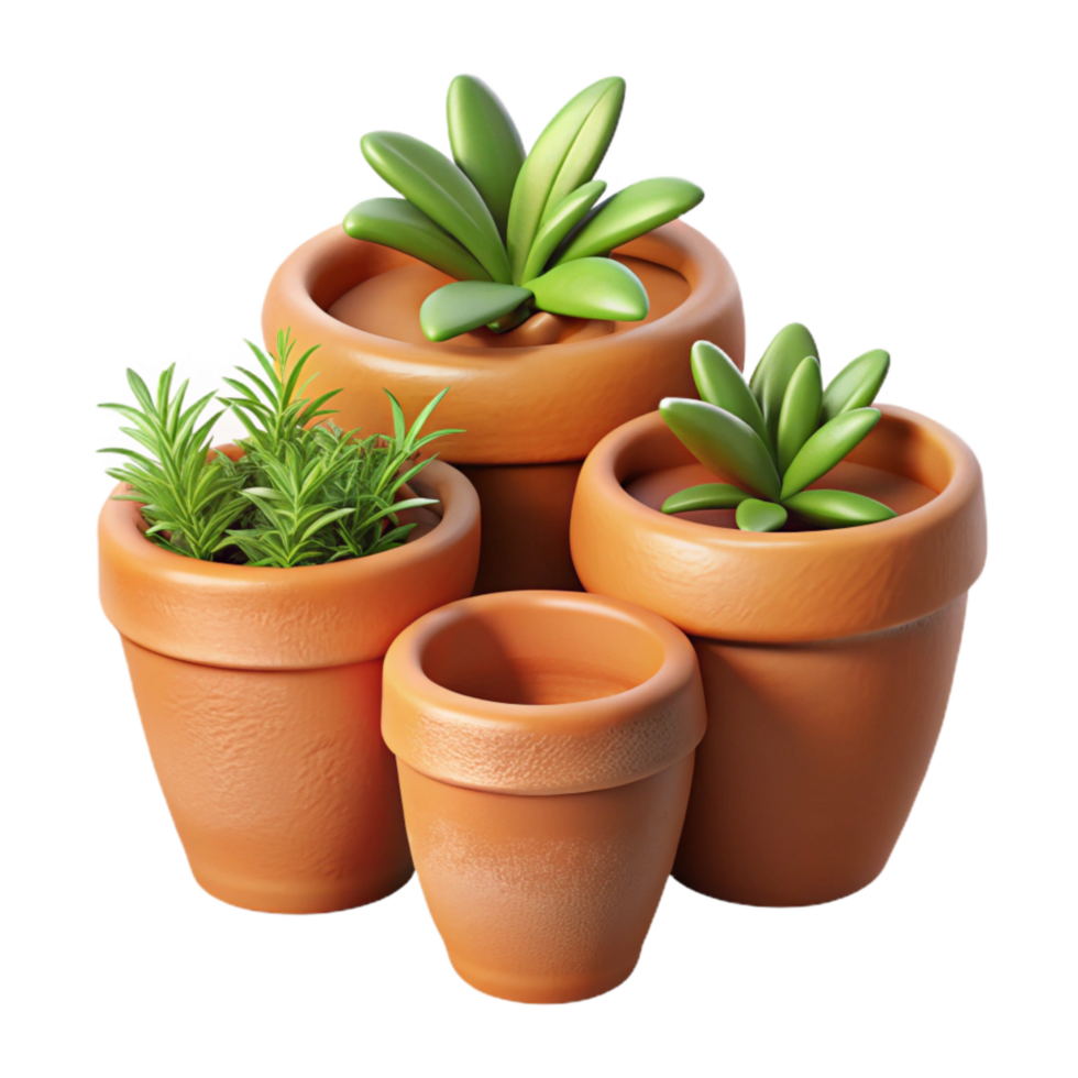 dramatic minimalist Terracotta Pots with Herbs Isolated on White professional png