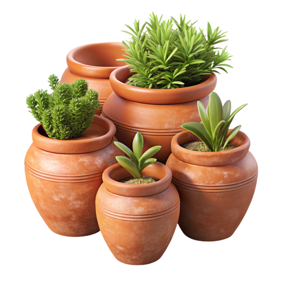 elegant rustic Terracotta Pots with Herbs Isolated on White professional png