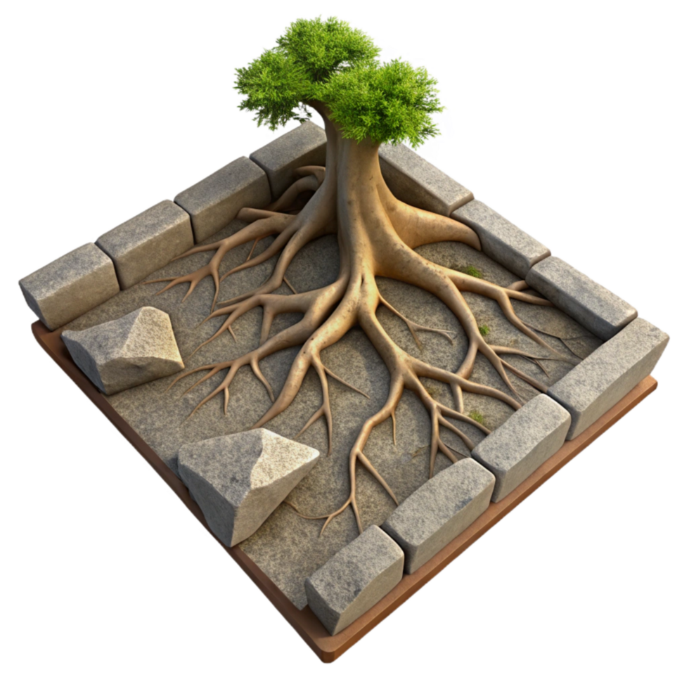 dramatic creative Tree Roots Breaking Through Asphalt Cutout Side View premium png