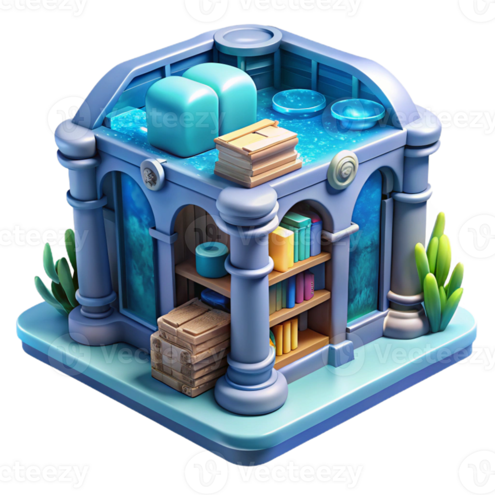 beautiful artistic Underwater City Library with Books and Archives Transparent exclusive png