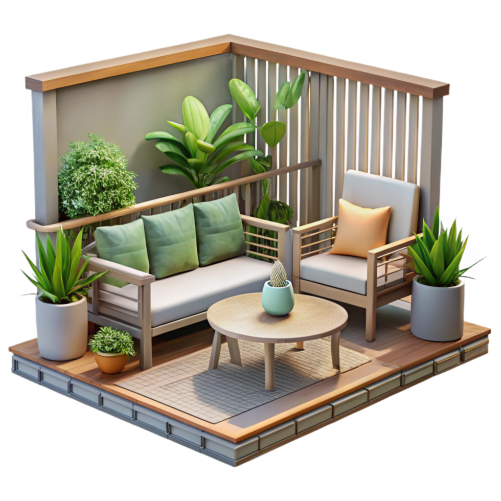 extraordinary classic Urban Balcony Garden with Seating Area Isolated on Transparent Background high quality png