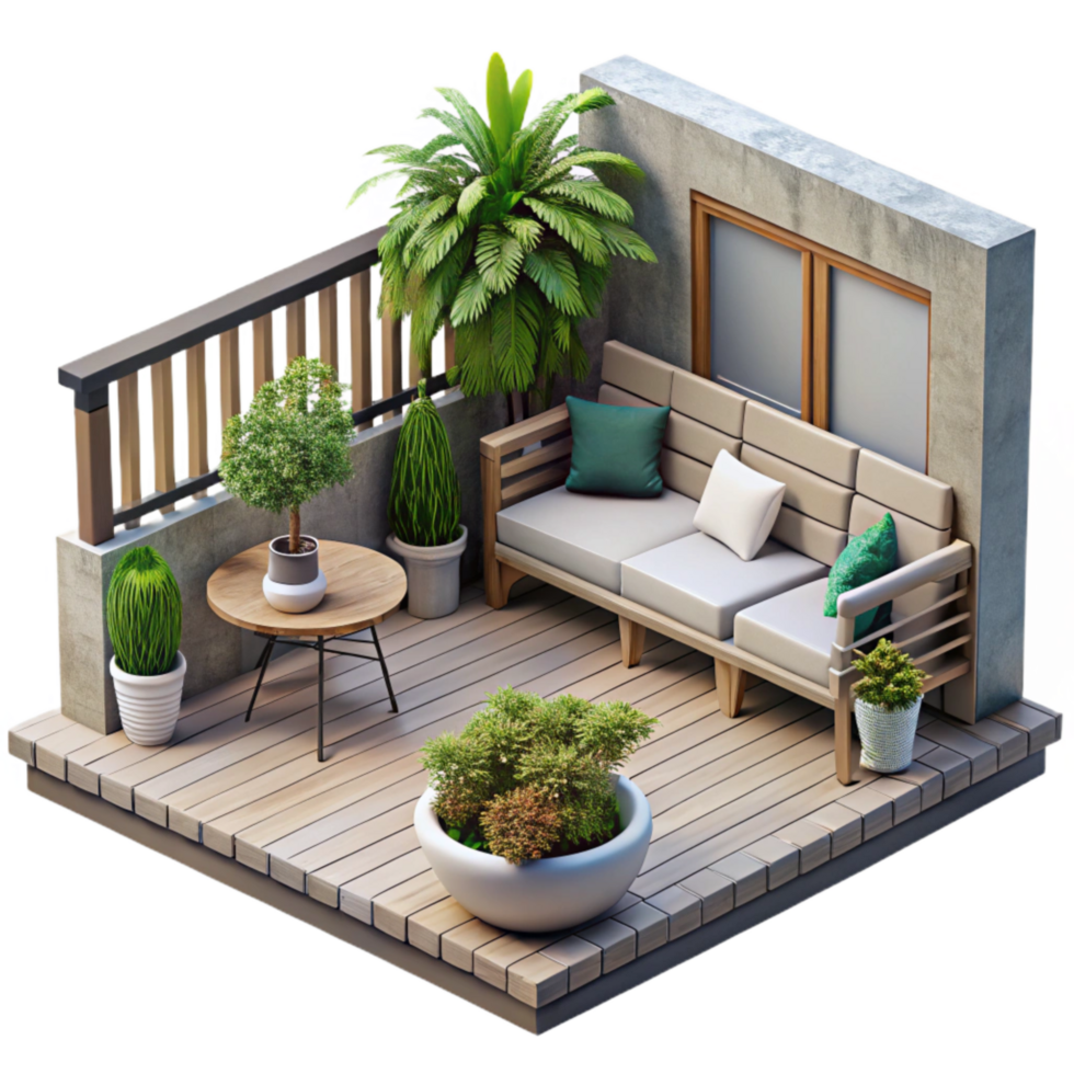 stunning rustic Urban Balcony Garden with Seating Area Isolated on Transparent Background high quality png