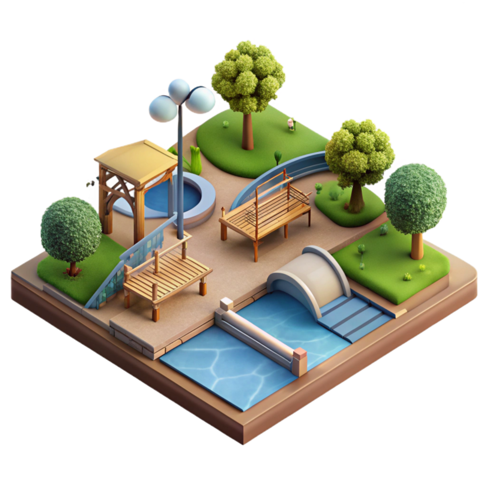 impressive rustic Urban Riverfront Park Isometric View Isolated Transparent Background high resolution png