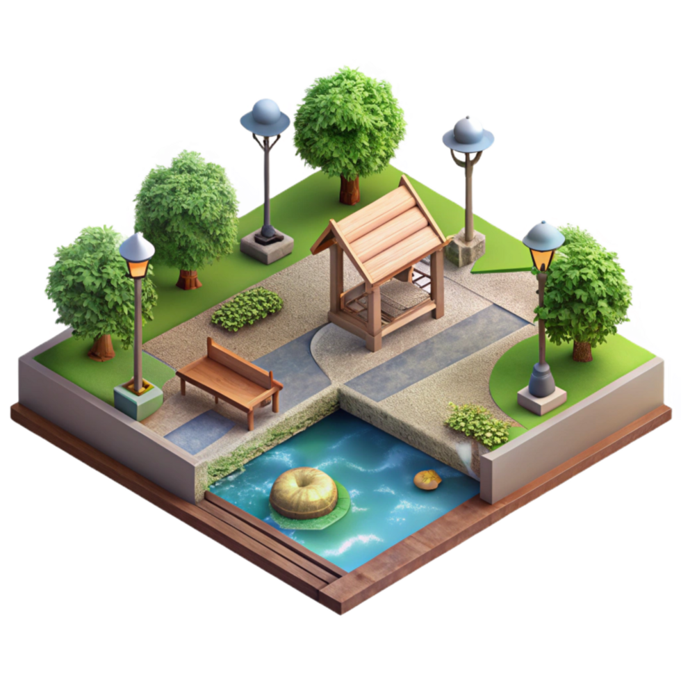 vibrant traditional Urban Riverfront Park Isometric View Isolated Transparent Background original png