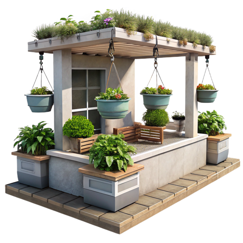 vibrant artistic Urban Rooftop Garden with Beehives Isolated original png