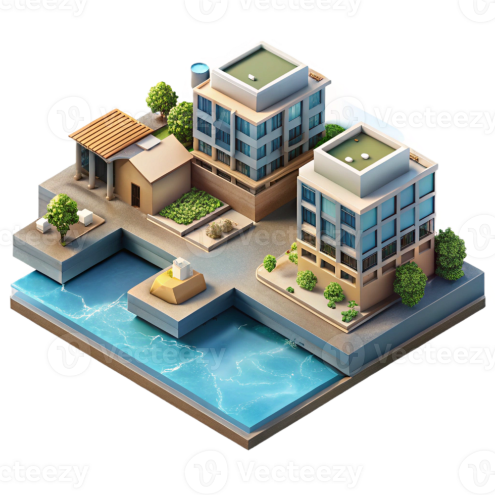 vibrant rustic Urban Waterfront Development Isometric View Isolated Transparent Background png
