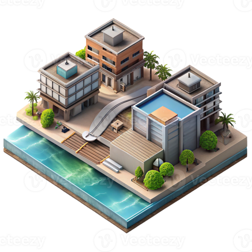 beautiful classic Urban Waterfront Development Isometric View Isolated Transparent Background original png
