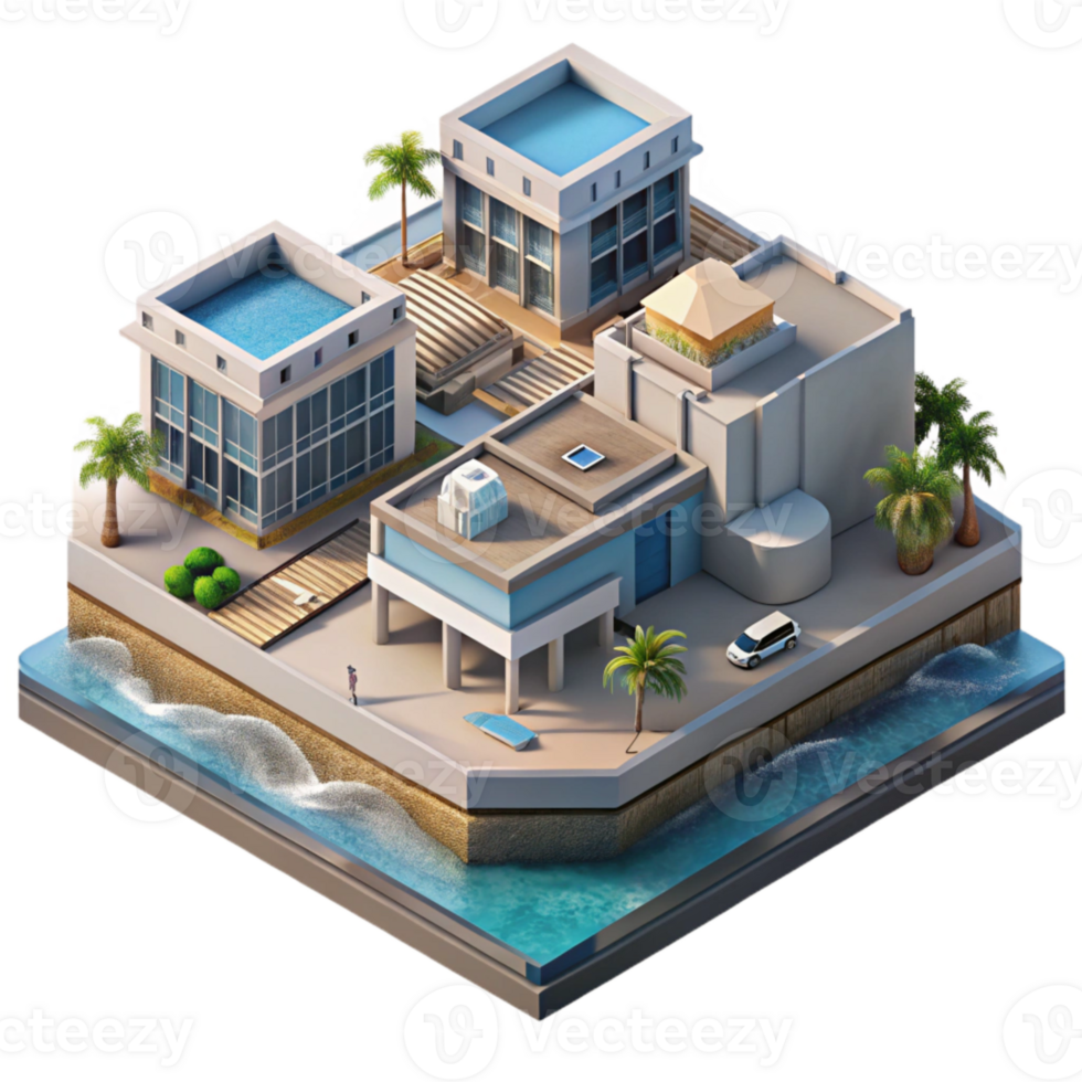 vibrant classic Urban Waterfront Development Isometric View Isolated Transparent Background authentic png