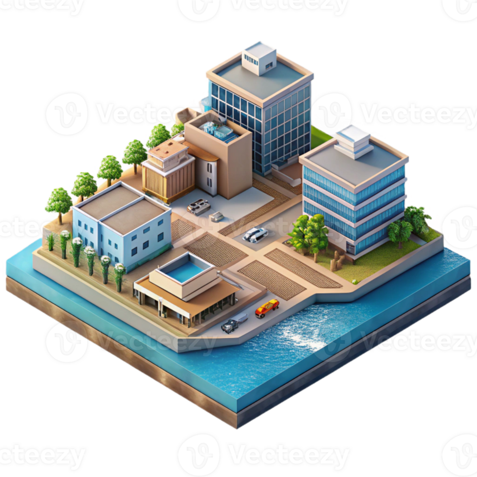 extraordinary modern Urban Waterfront Development Isometric View Isolated Transparent Background professional png