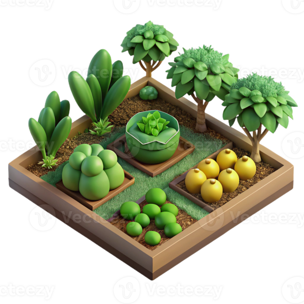 impressive artistic Vegetable Garden Plot Top View Transparent Background with Lush Green authentic png
