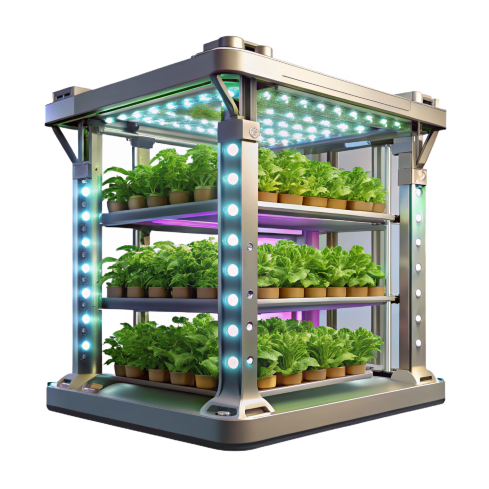 dramatic modern Vertical Farm with Led Lighting System Transparent Background png