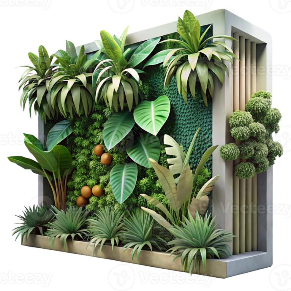 dramatic rustic Vertical Garden with Tropical Plants Isolated Lush Greenery original png