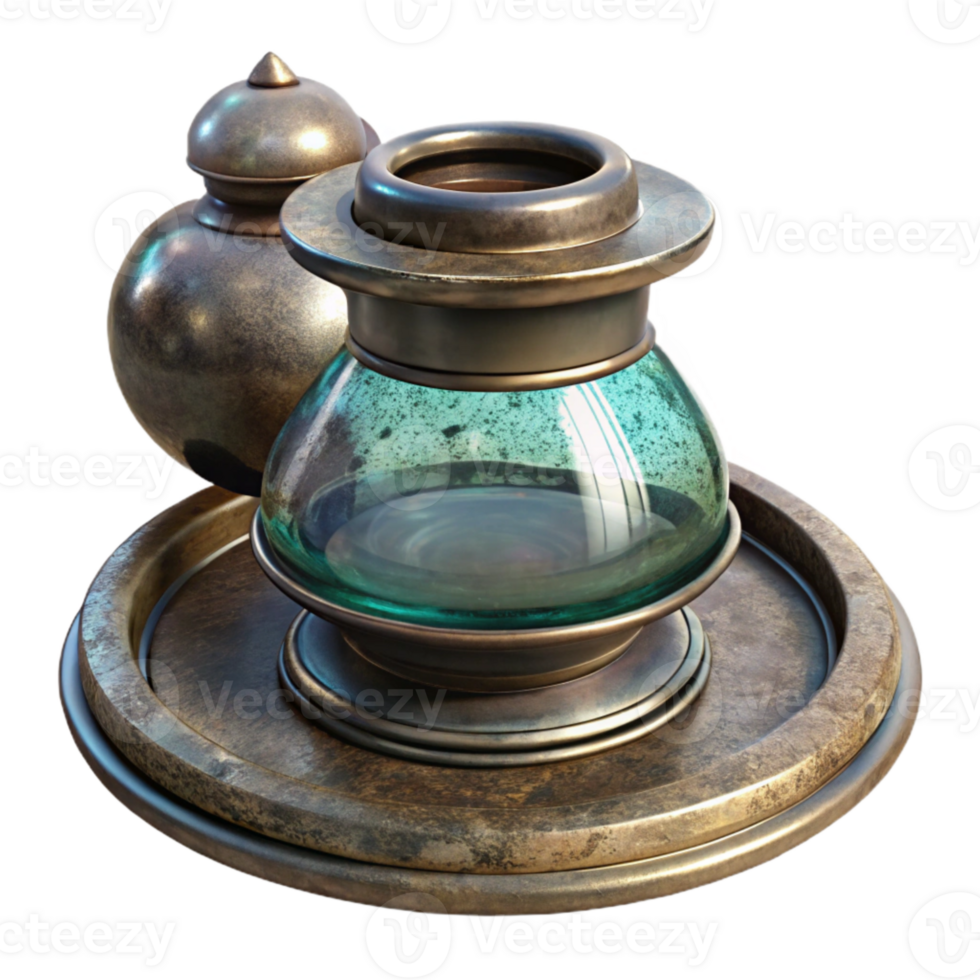 vibrant artistic Vintage Inkwell Glass and Metal Isolated premium png