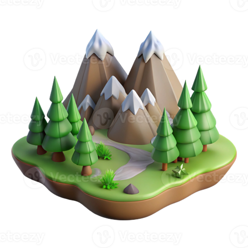 vibrant artistic Virtual Landscape with Mountains and Trees Isolated Element authentic png