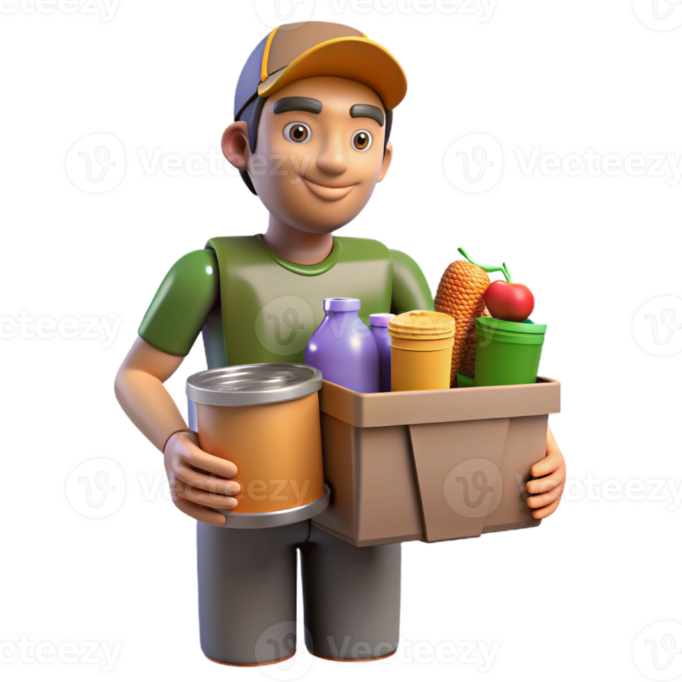 serene rustic Volunteer Giving Food Donation Isolated with Canned Goods premium png