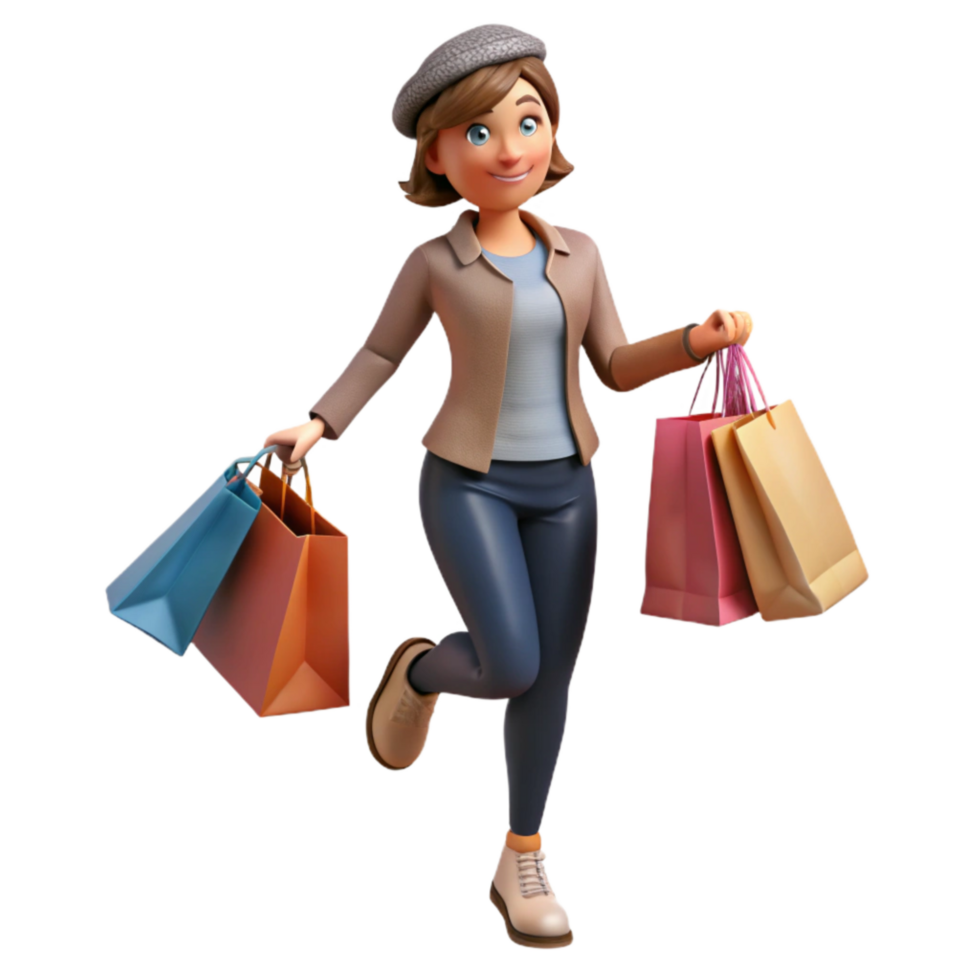 vibrant rustic Woman Teleporting with Shopping Bags Retail Theme Cutout png