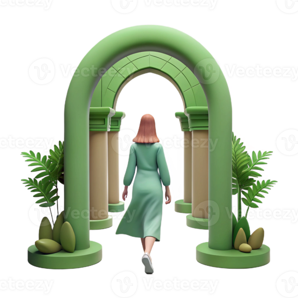 stunning modern Woman Walking Through Green Archway Transparent Background Elegant Design high quality png