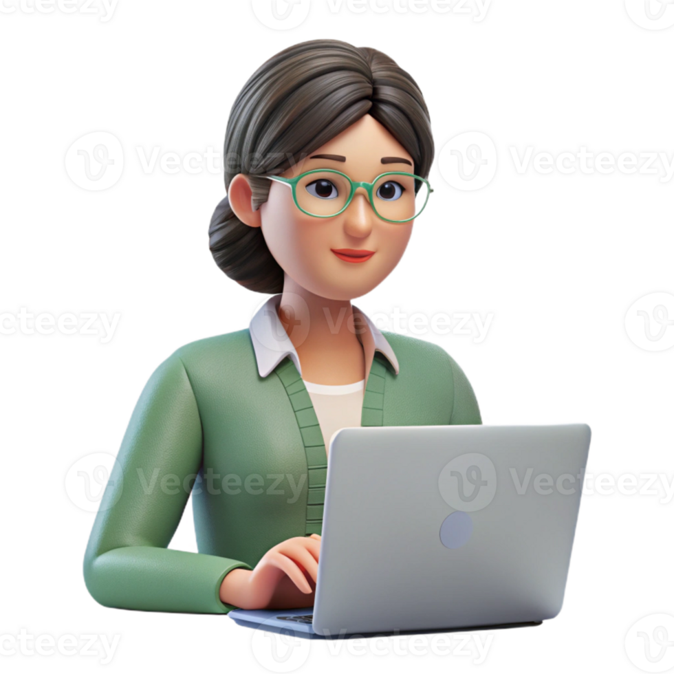 impressive creative Woman Working at Laptop Front View Transparent Background png