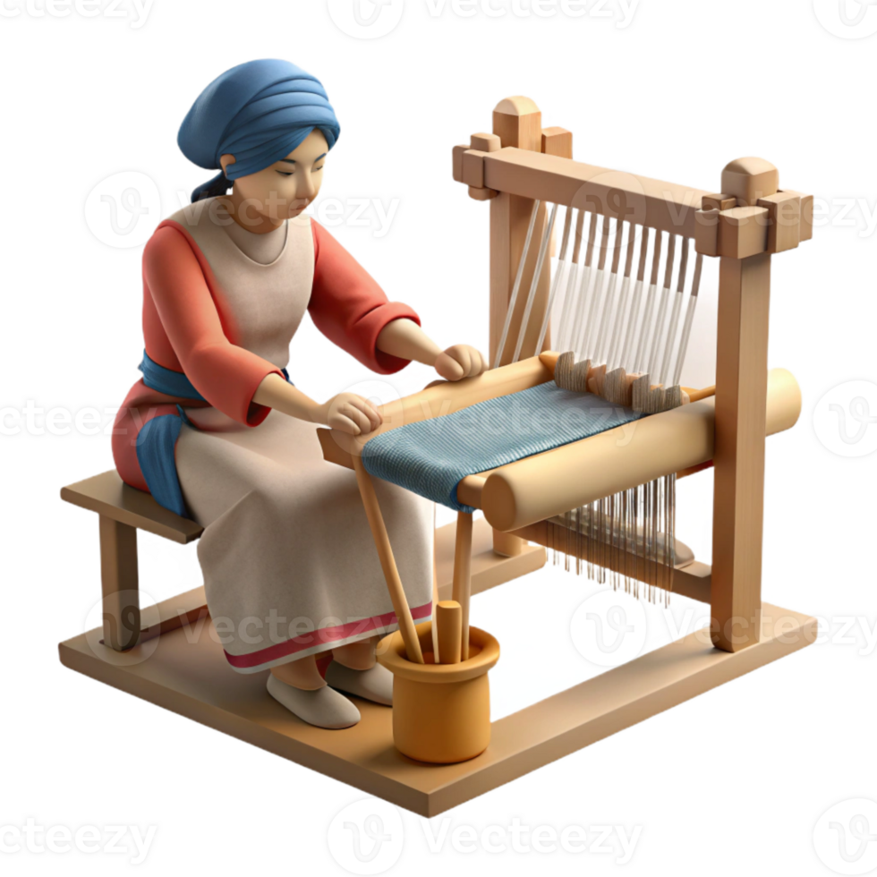 vibrant abstract Woman Weaving on Loom Side View Transparent Background with Soft Lighting premium png