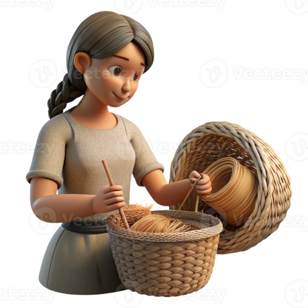 wonderful rustic Woman Weaving Basket with Natural Materials Transparent Background png