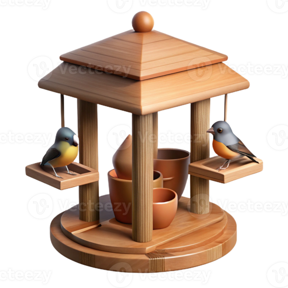 magnificent classic Wooden Bird Feeder with Birds Side Angle Transparent Background exclusive png