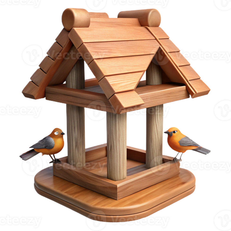 elegant modern Wooden Bird Feeder with Birds Side Angle Transparent Background png