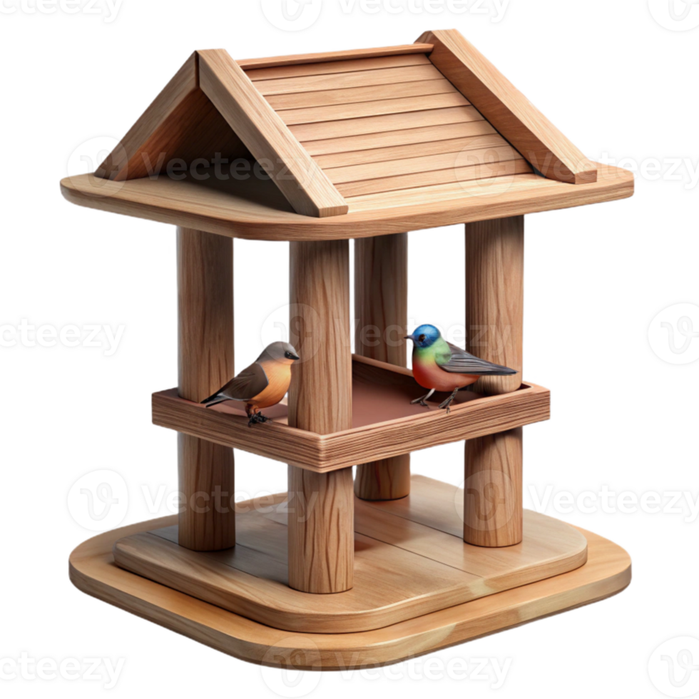 vibrant minimalist Wooden Bird Feeder with Birds Side Angle Transparent Background high resolution png