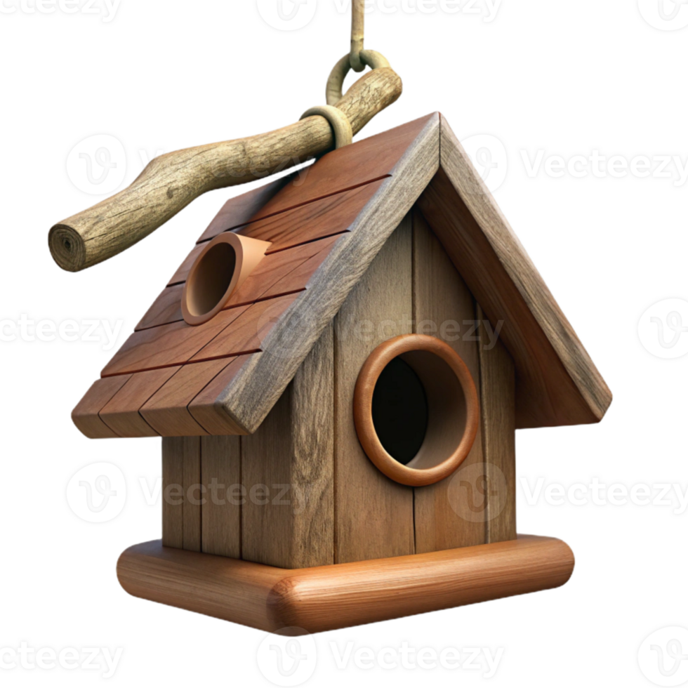 serene creative Wooden Birdhouse Hanging From Tree Branch Cutout original png