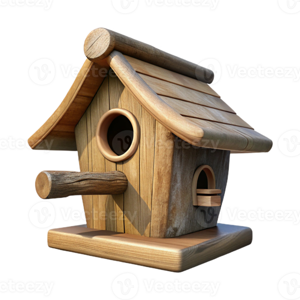 serene rustic Wooden Birdhouse on Branch Side Angle Transparent Background authentic png