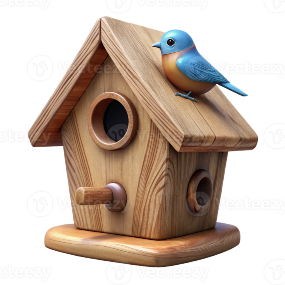 magnificent minimalist Wooden Birdhouse with Bird Side Angle Transparent Background high resolution png