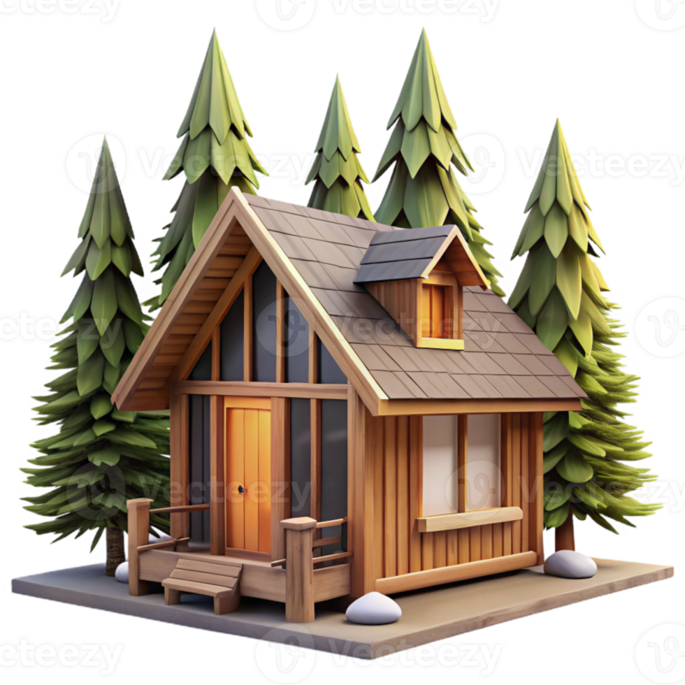 elegant minimalist Wooden Cabin in Forest Front View Transparent Background high quality png