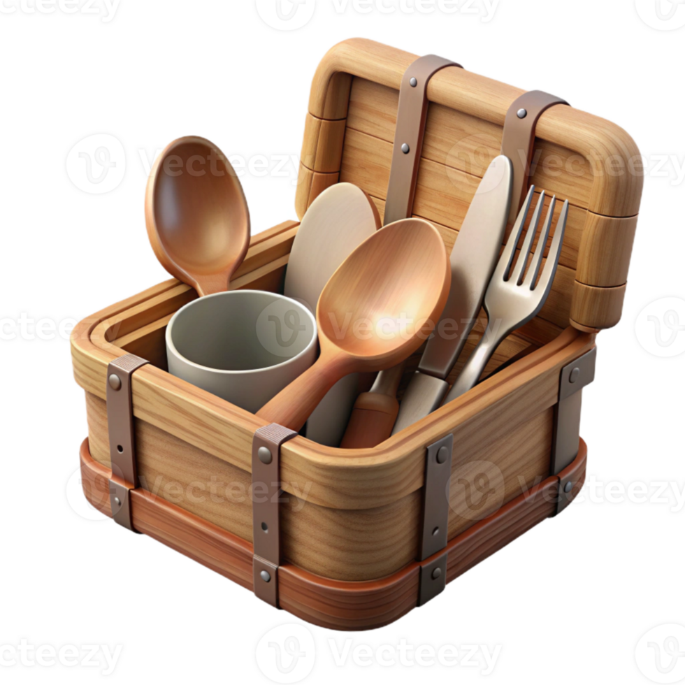 vibrant minimalist Wooden Cutlery Set in Box Isolated original png