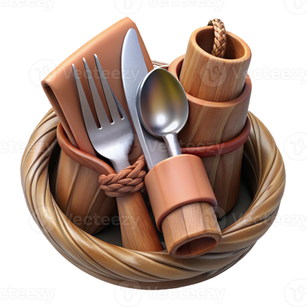 serene traditional Wooden Cutlery Set with Cloth Napkin Isolated high quality png
