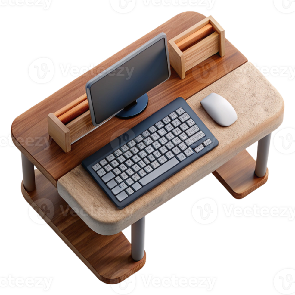 elegant artistic Wooden Desk with Keyboard Top View Cutout high resolution png