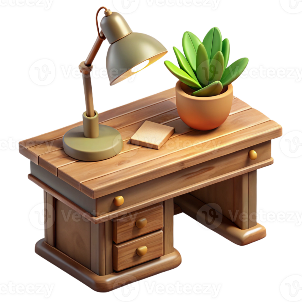 wonderful creative Wooden Desk with Lamp and Plant Isolated original png