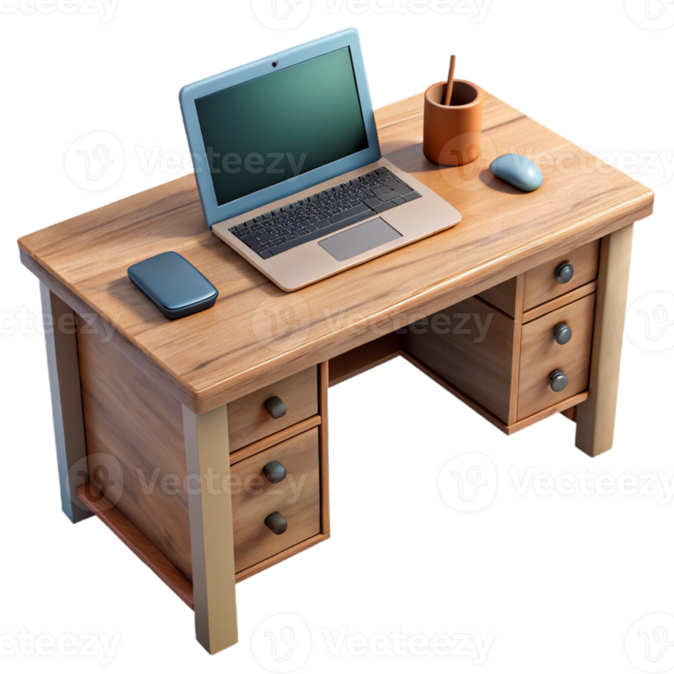 dramatic traditional Wooden Desk with Laptop Top View Transparent Element premium png