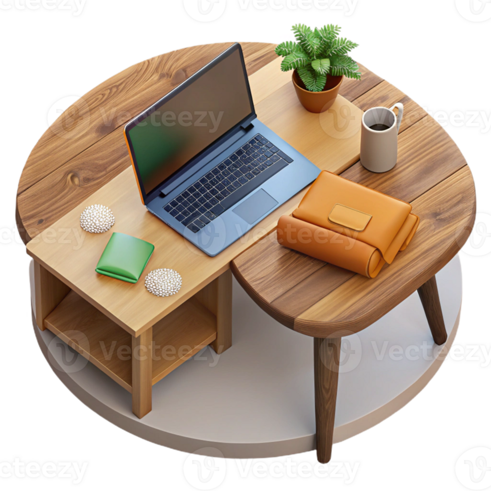 impressive artistic Wooden Desk with Laptop Top View Transparent Element detailed png