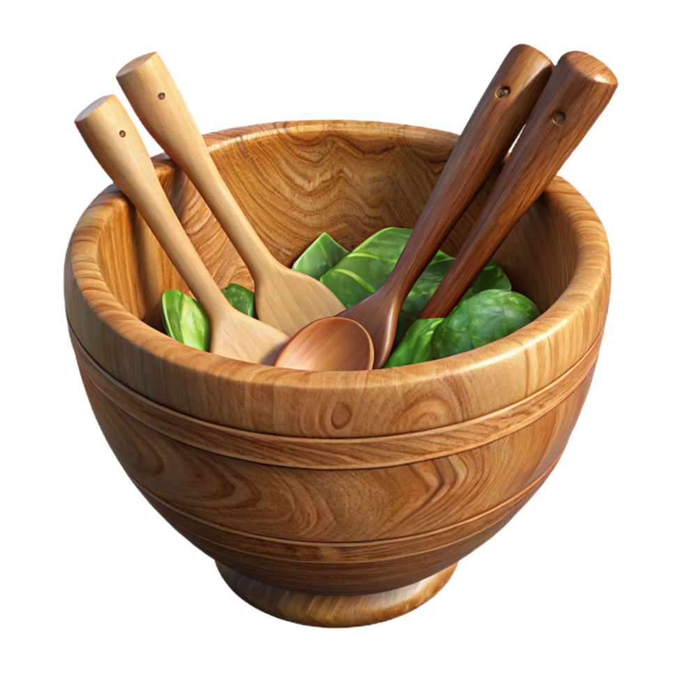wonderful classic Wooden Salad Bowl with Serving Utensils Isolated high quality png