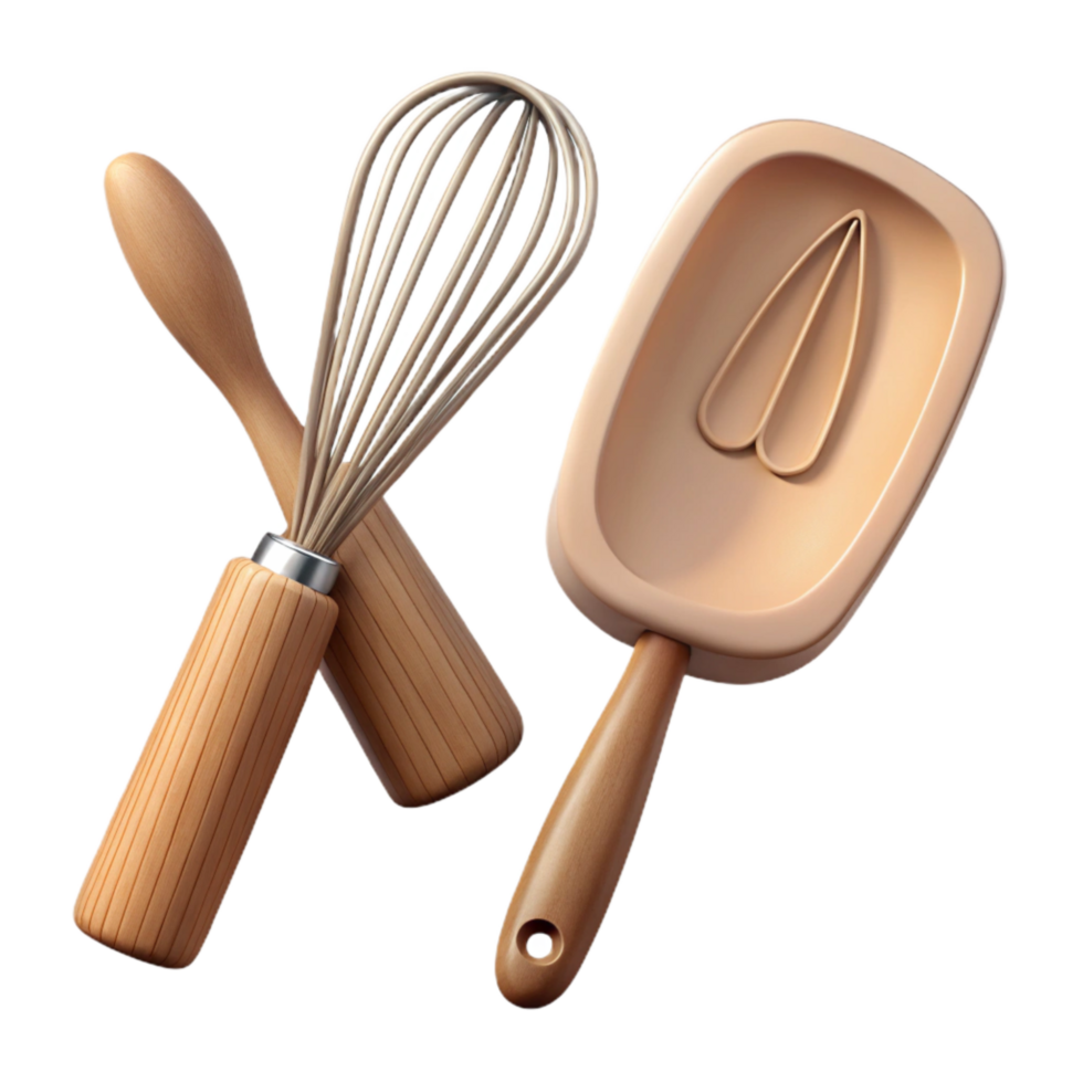 vibrant traditional Wooden Spatula and Whisk Top View Cutout high quality png